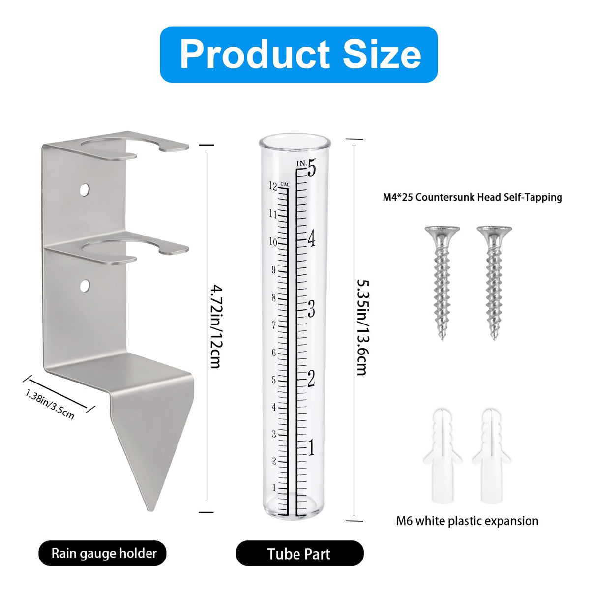 Timenued rain gauge with ground plug provides wind resistance and stability