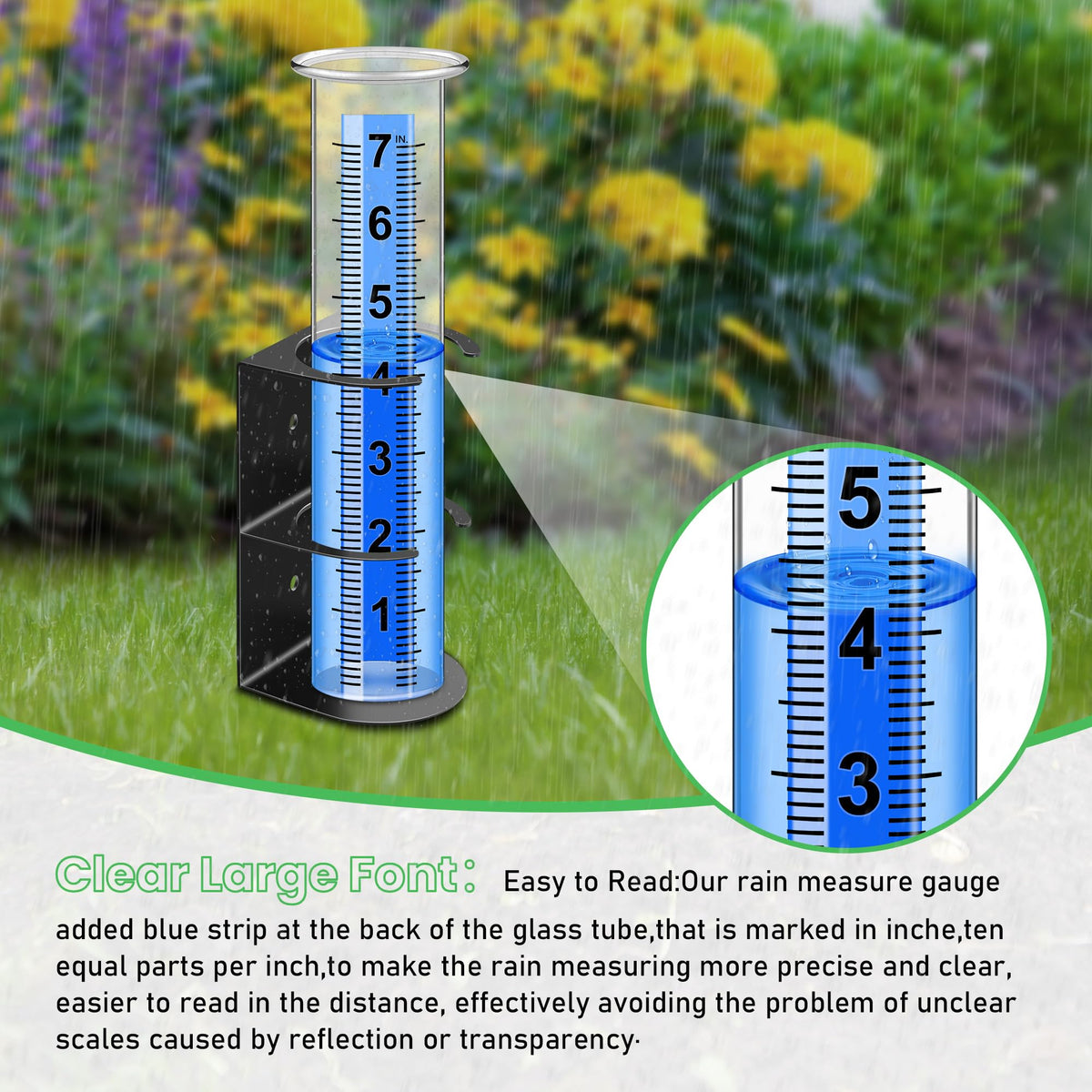 Timenued rain gauge mounted on fence post for yard monitoring.