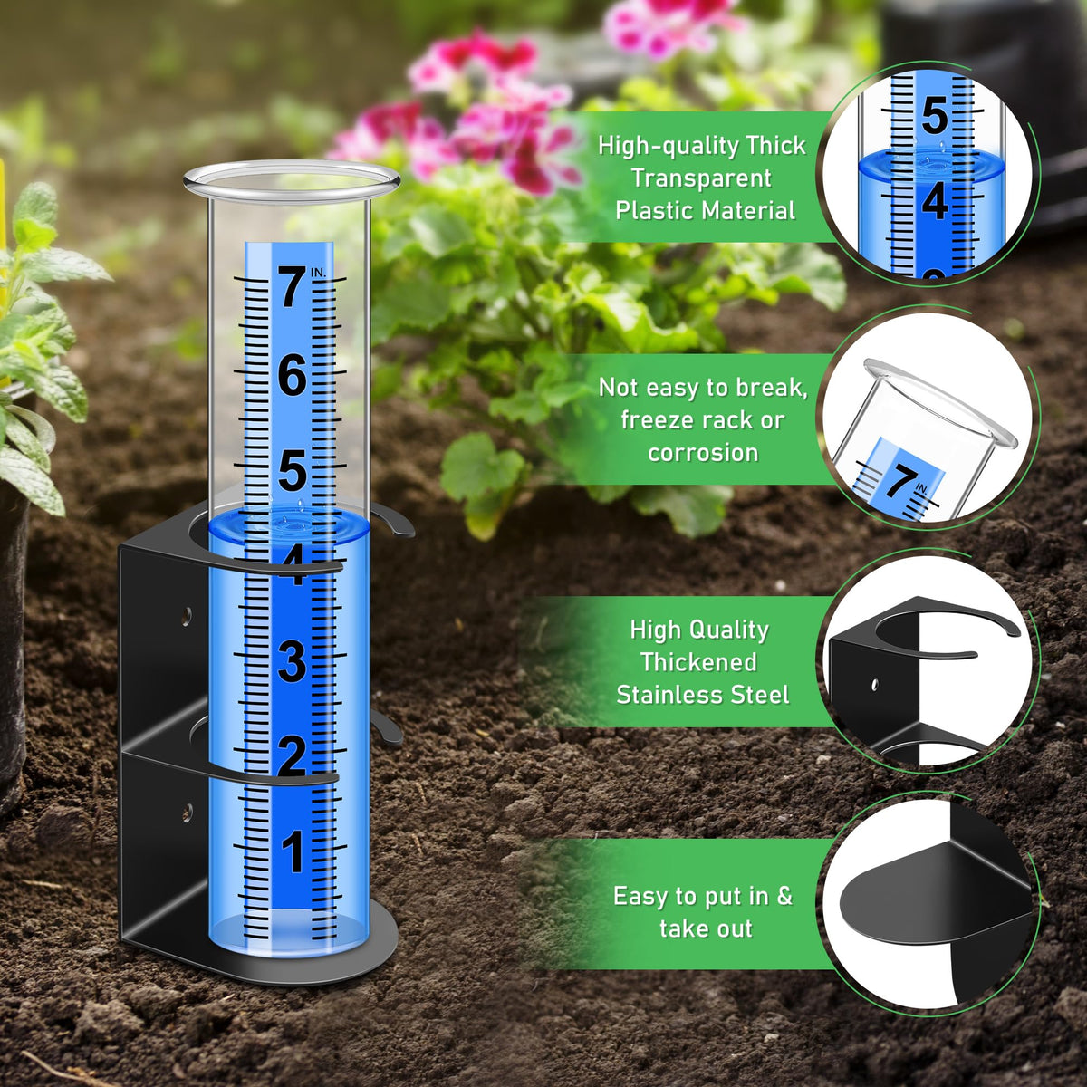 Timenued rain gauge tube detachable for easy cleaning and emptying.