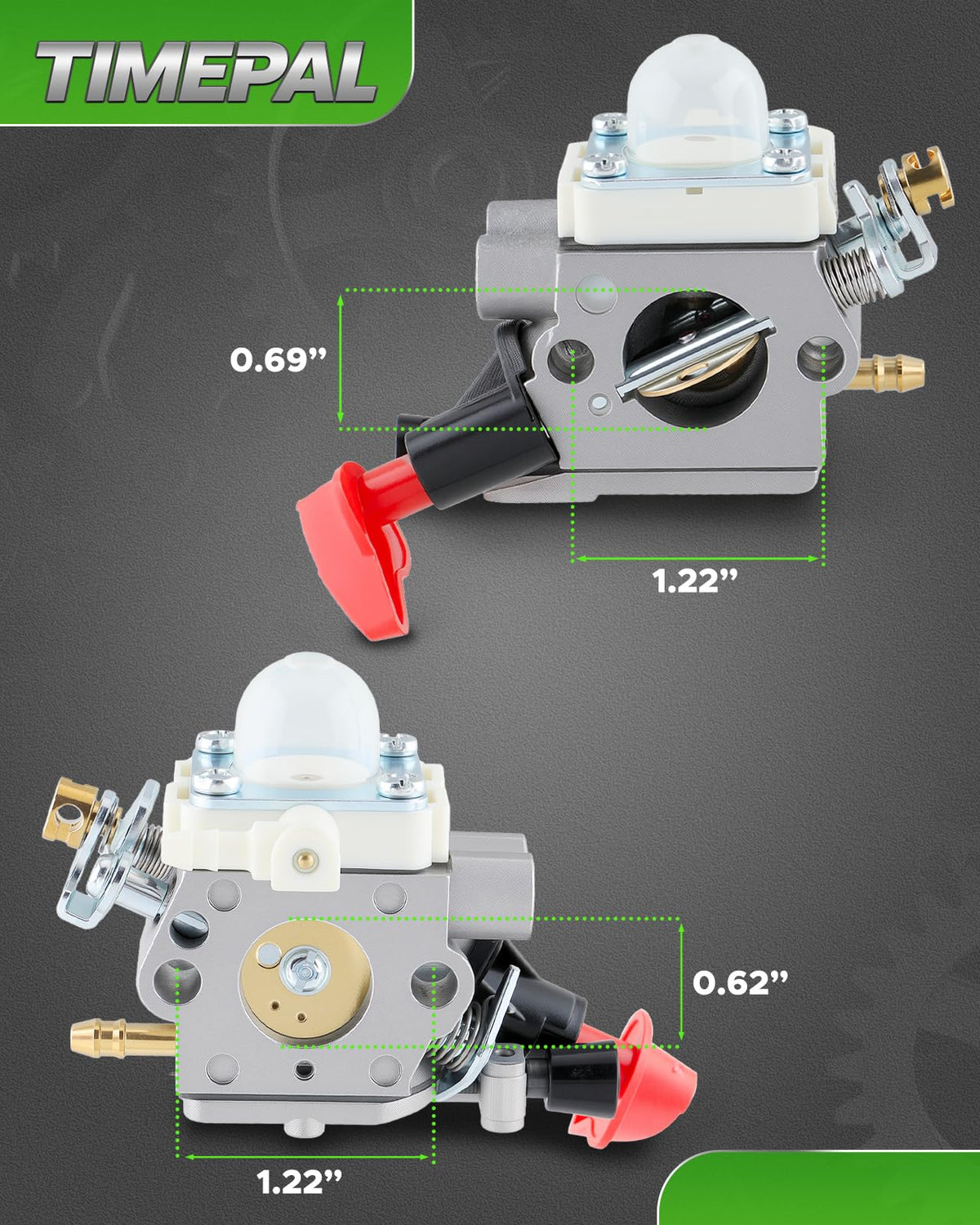 TIMEPAL carburetor kit side view shows complete replacement parts for easy install.