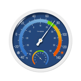 TIMESS indoor-outdoor thermo-hygrometer with large analog dial for easy temperature readings.