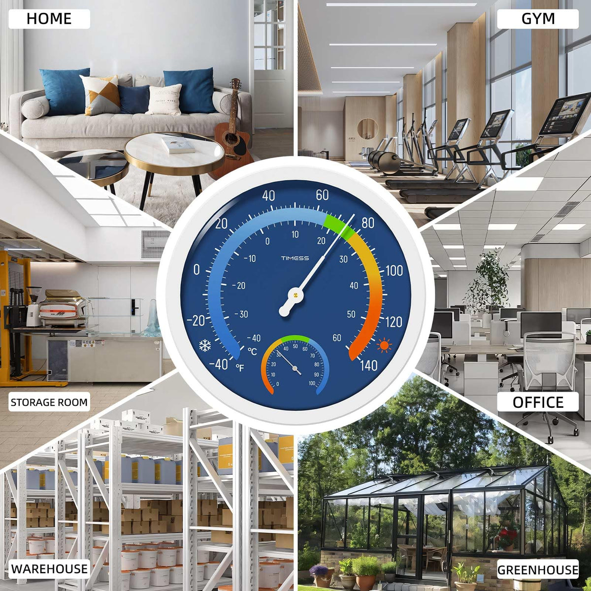 TIMESS thermo-hygrometer suited for patios, nurseries, and storage spaces with blue finish.
