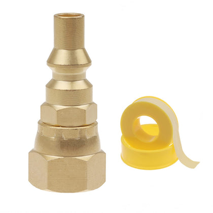 Timsec quarter-inch RV quick connect adapter closeup shows durable brass construction for easy hookups