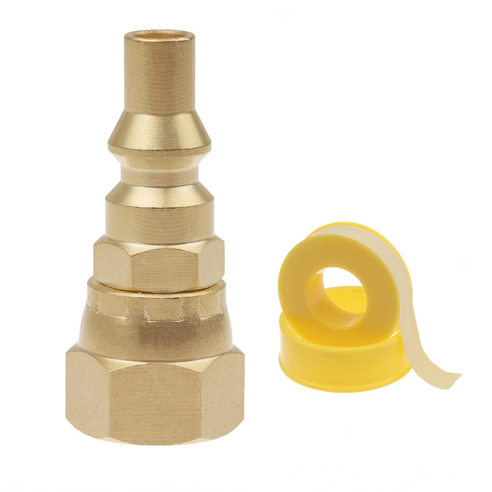 Timsec quarter-inch RV quick connect adapter closeup shows durable brass construction for easy hookups