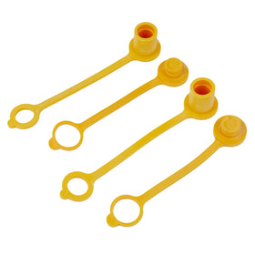 Yellow Timsec rubber cap ready for outdoor propane connections on quick-connect.