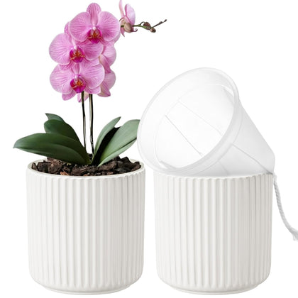 TineDew ceramic cachepot outer in white enhances decor and prevents spills.