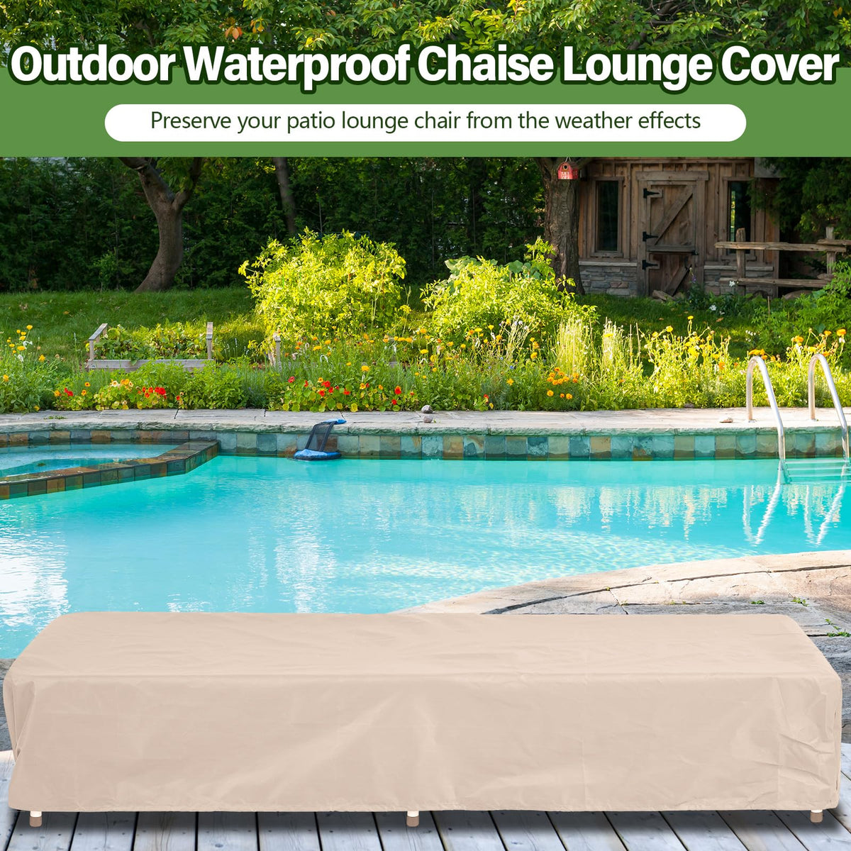 Tingjoo patio chaise lounge cover front view highlights snug fit and weather protection.