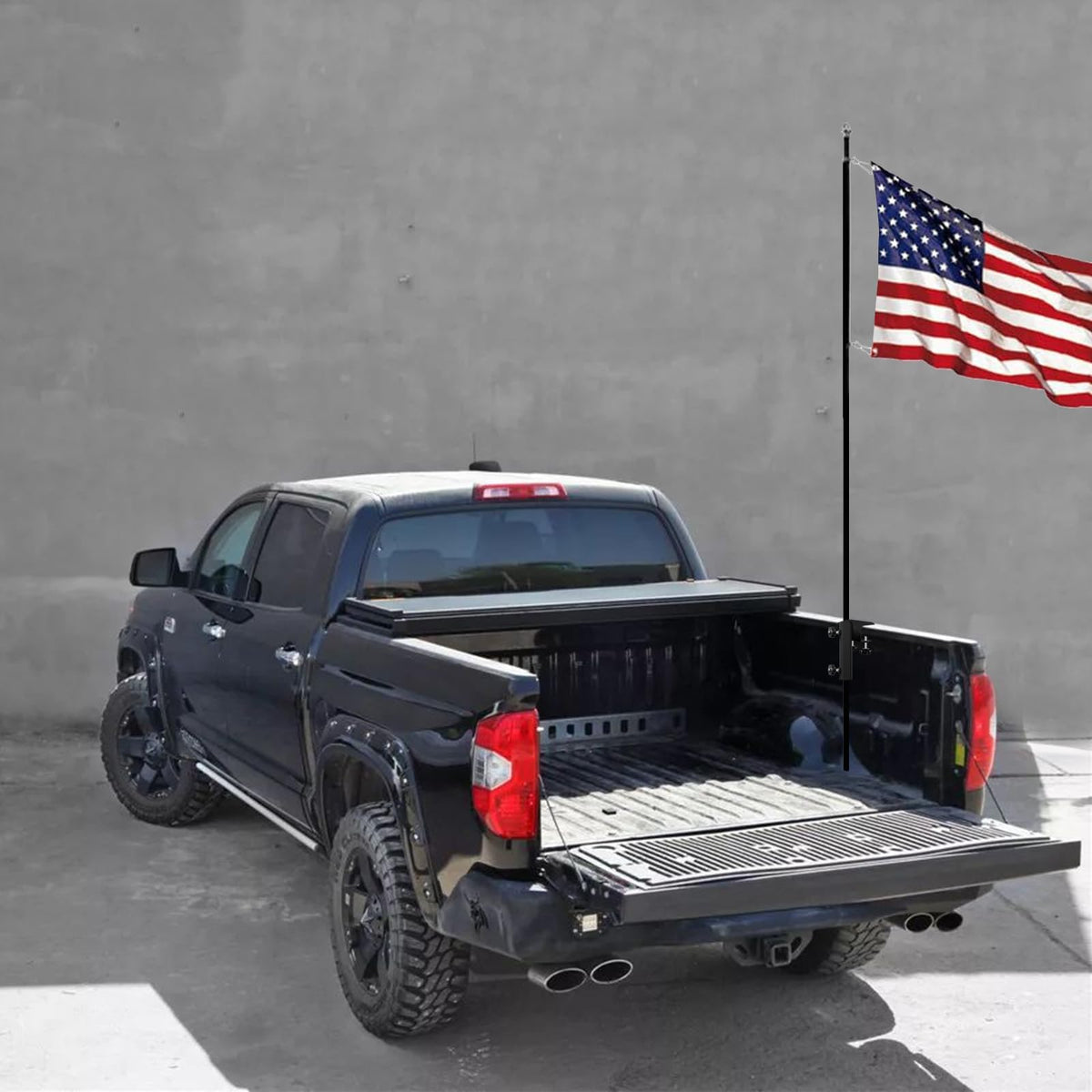 TINGYU heavy-duty flag pole holder on pickup truck with black powder coat finish