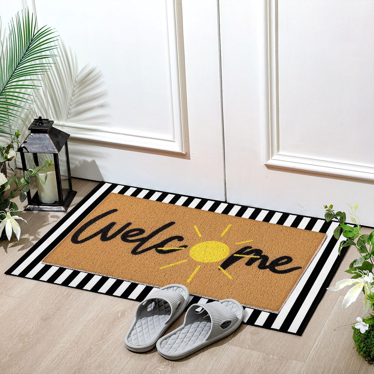 Tinideya Black and White Stripes Rug adds modern contrast at entryways.