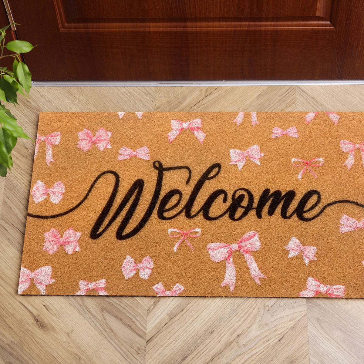 Tinideya Black Welcome Coir Doormat flattening process shown with weight for best presentation.