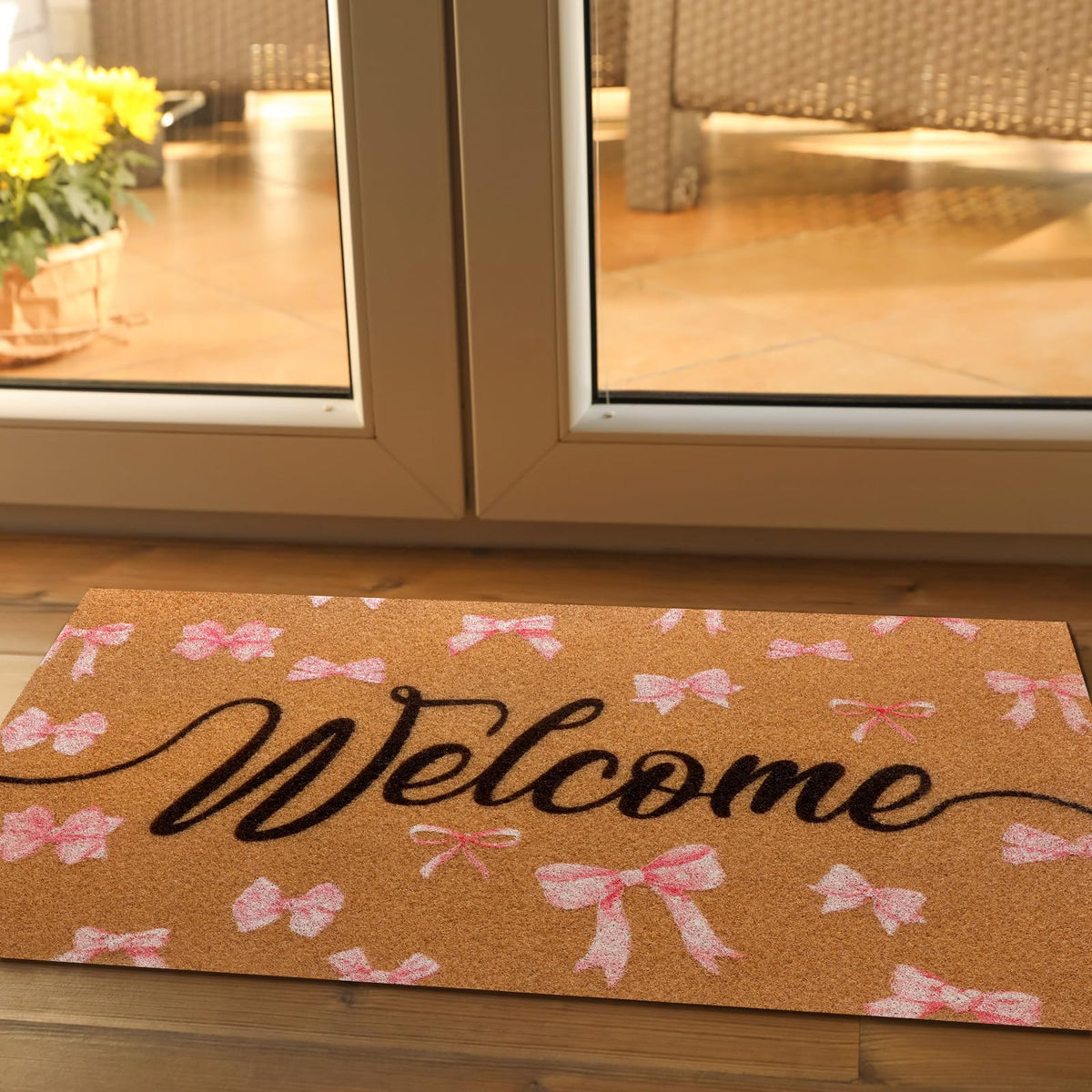 Tinideya Black Welcome Coir Doormat non-slip underside keeps the mat steady at the doorway.