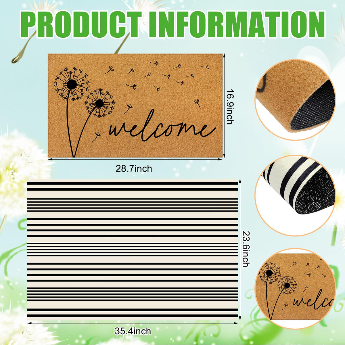 Tinideya black-and-white striped welcome mat, 43x73 cm, modern doorway decor