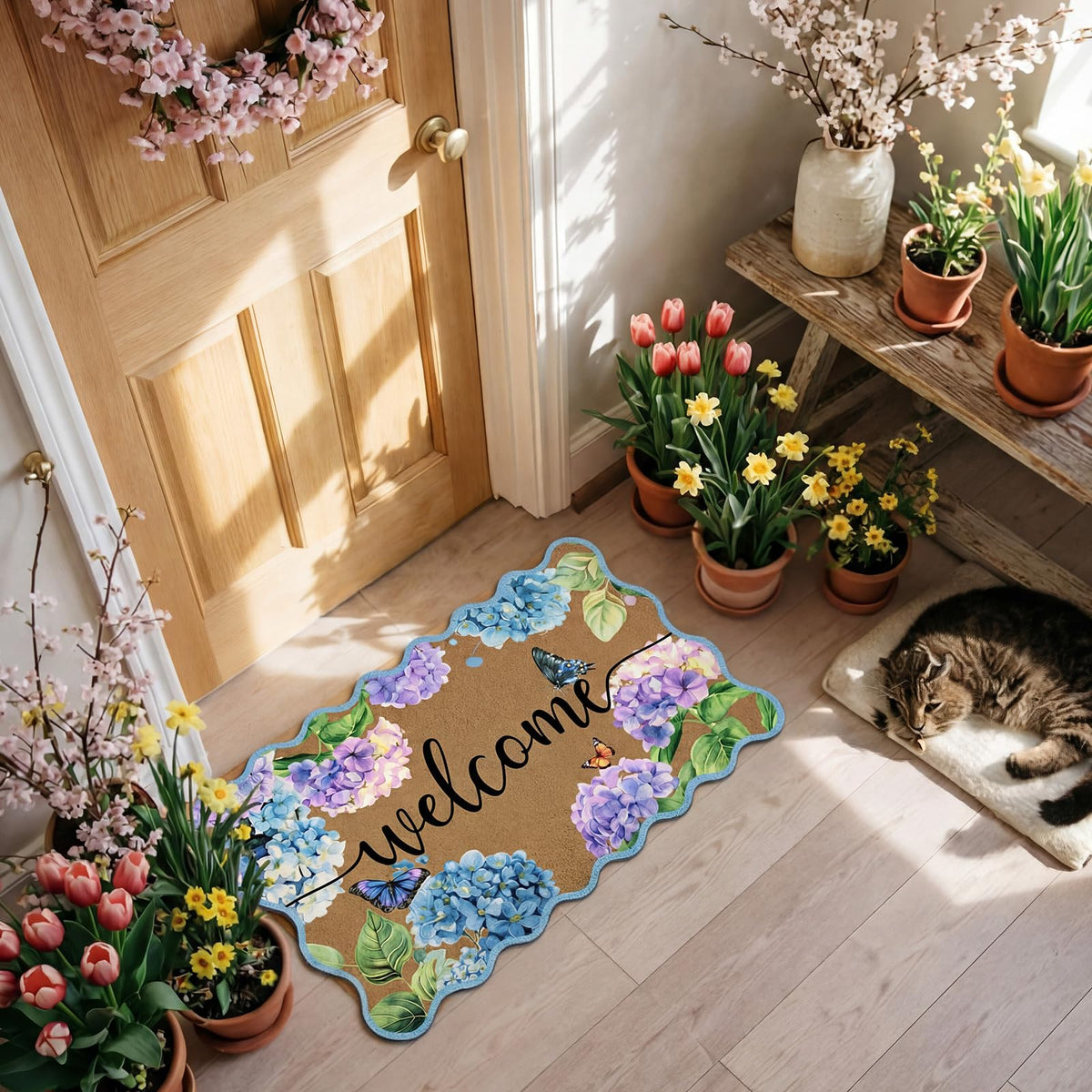 Tinideya butterfly-pattern entry rug blends pastel hues for a welcoming home atmosphere