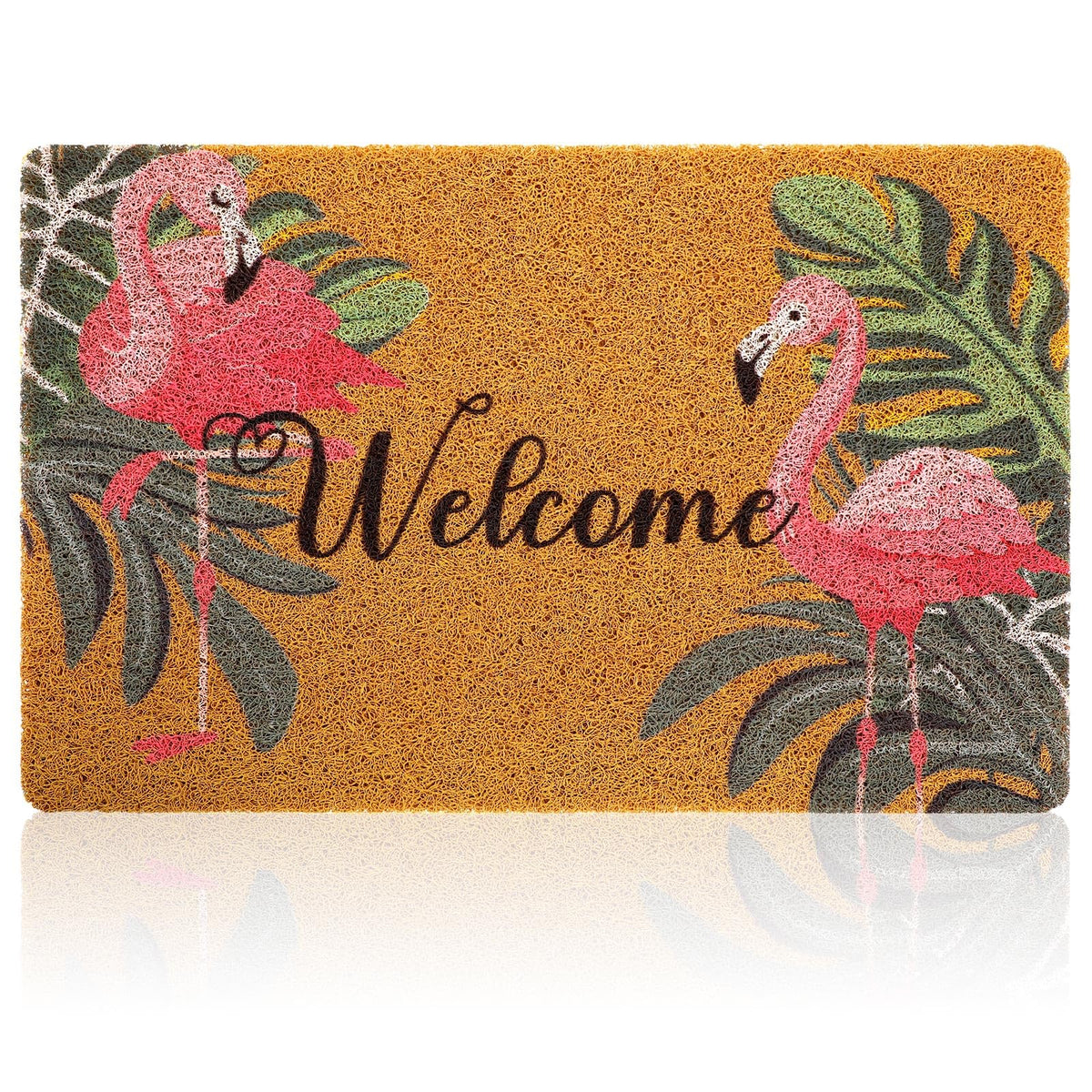 Tinideya Flamingo Welcome Doormat with tropical palm design welcomes guests and protects floors.