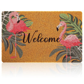 Tinideya Flamingo Welcome Doormat with tropical palm design welcomes guests and protects floors.