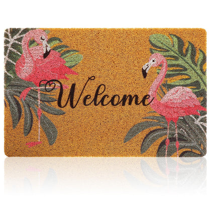 Tinideya Flamingo Welcome Doormat with tropical palm design welcomes guests and protects floors.