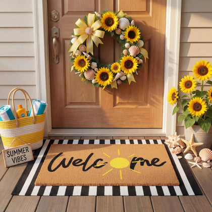 Tinideya Golden Sunshine Coir Mat enhances curb appeal and traps dirt.