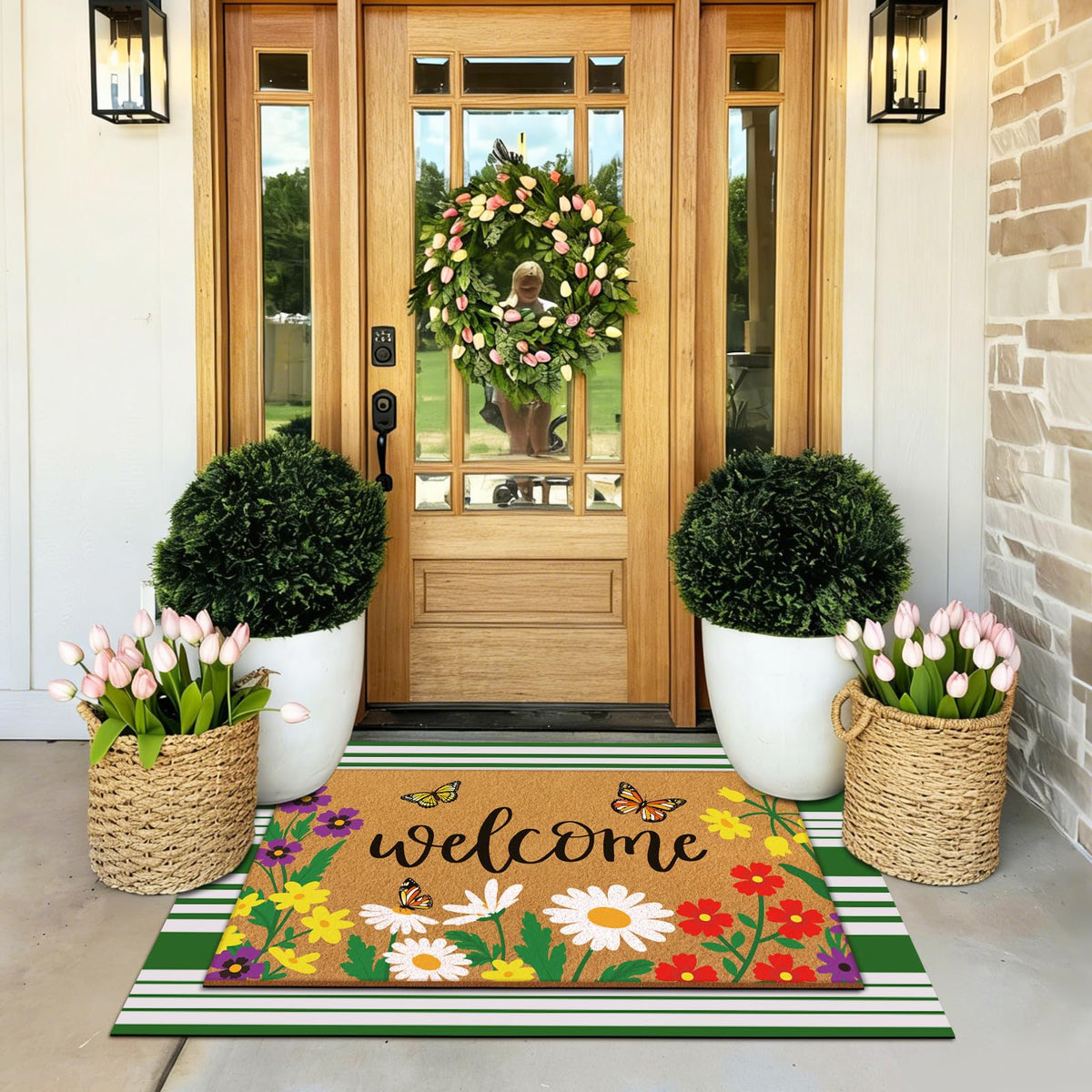 Tinideya green and white striped rug for front porch decor