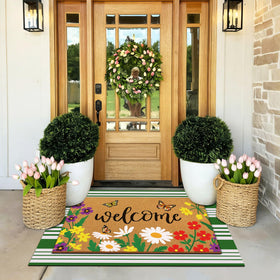 Tinideya green and white striped rug for front porch decor
