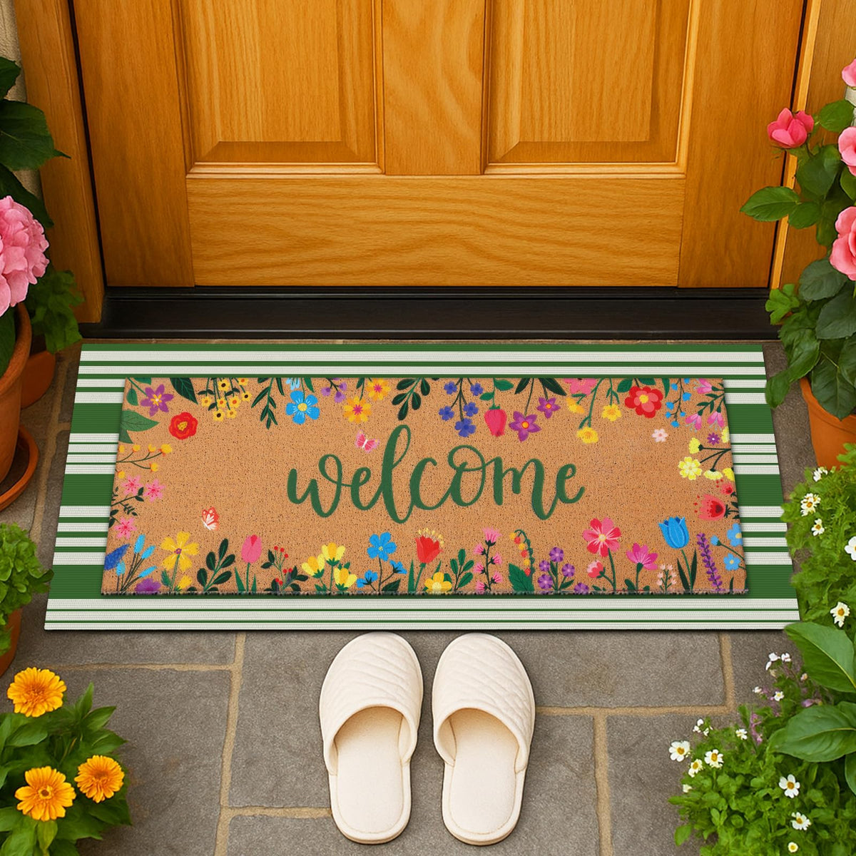 Tinideya green-white striped rug adds fresh contrast at any doorway.