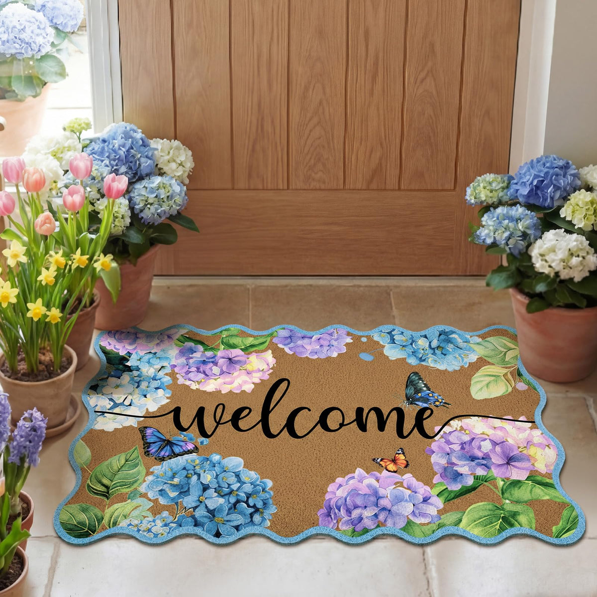 Tinideya hydrangea scalloped doormat with butterfly design adds spring charm to any entryway