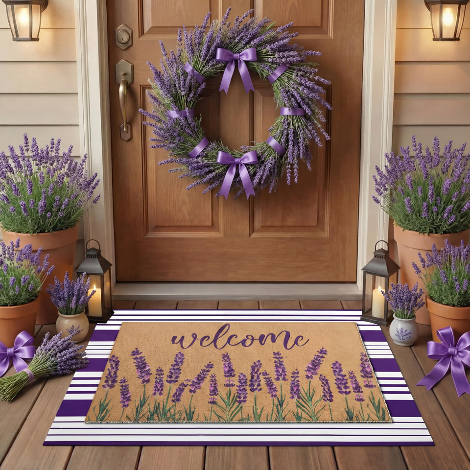 Tinideya lavender welcome mat enhances entry with inviting color.