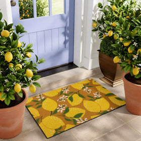 Weather-ready faux coir mat traps dirt and helps keep entry clean.