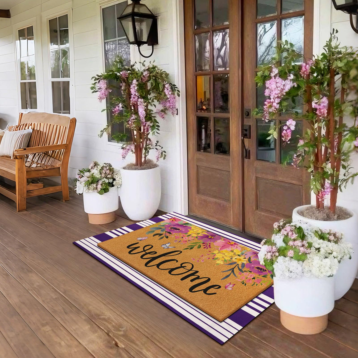 Tinideya purple-white striped rug enhances entryway layering and seasonal decor at your doorway.