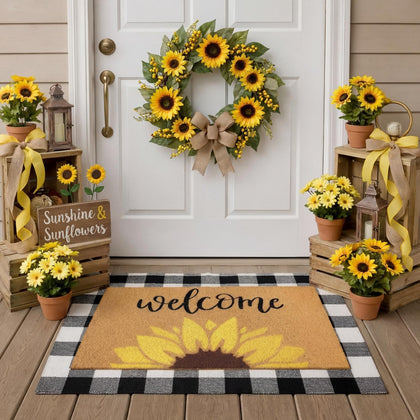 Tinideya sunflower welcome mat with non-slip backing welcomes guests and traps dirt.