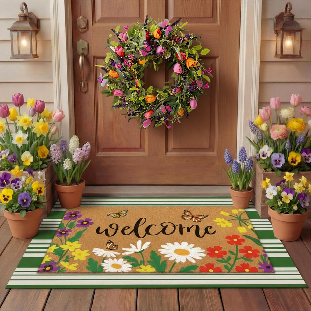 Tinideya welcome mat with butterflies and spring flowers greets guests