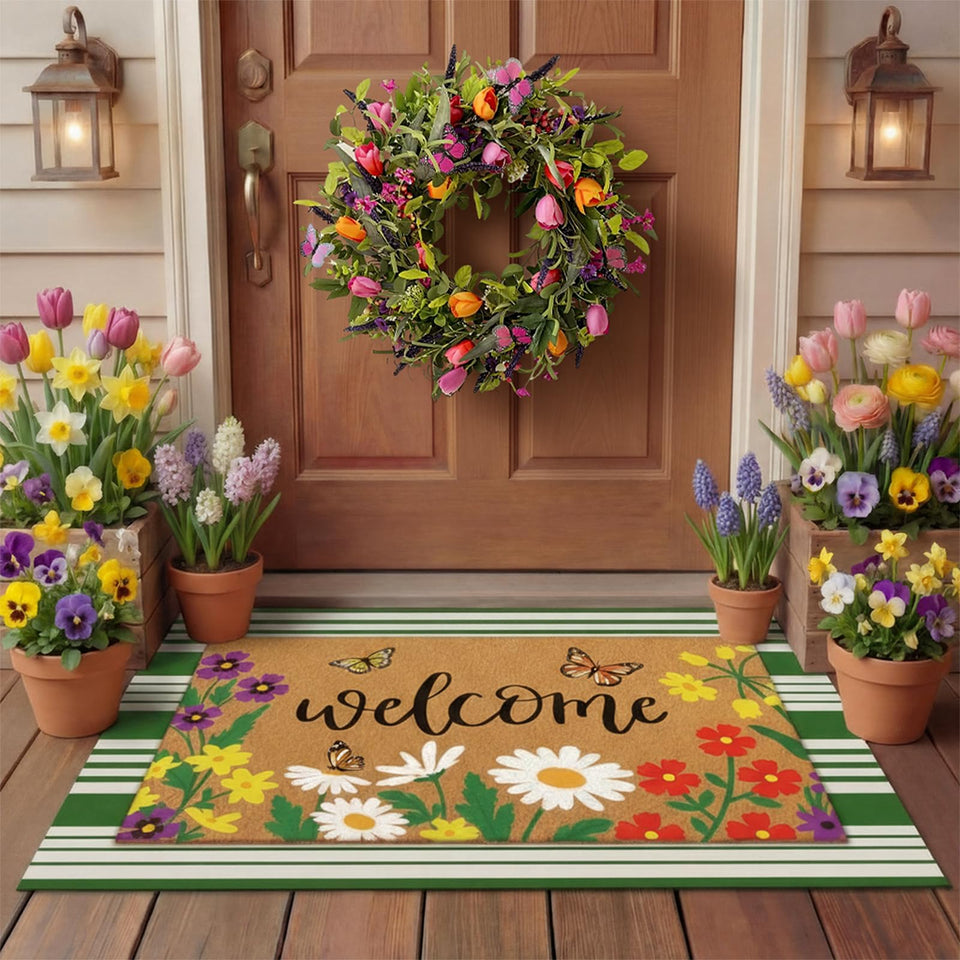 Tinideya welcome mat with butterflies and spring flowers greets guests