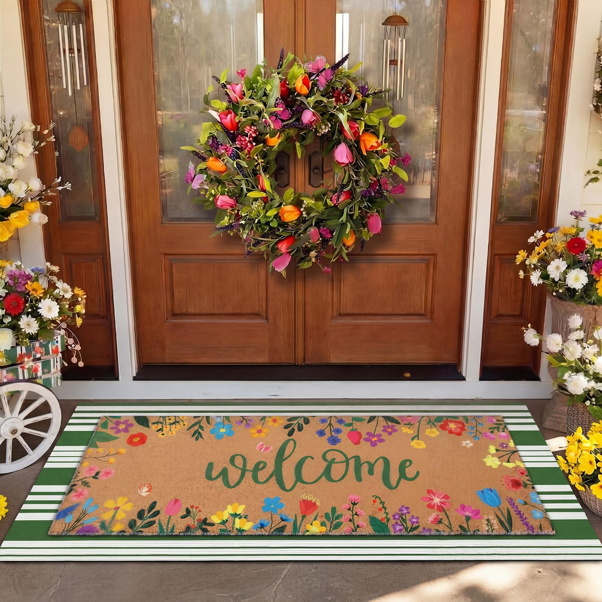 Tinideya floral welcome mat with blossoms greets guests at the entry.