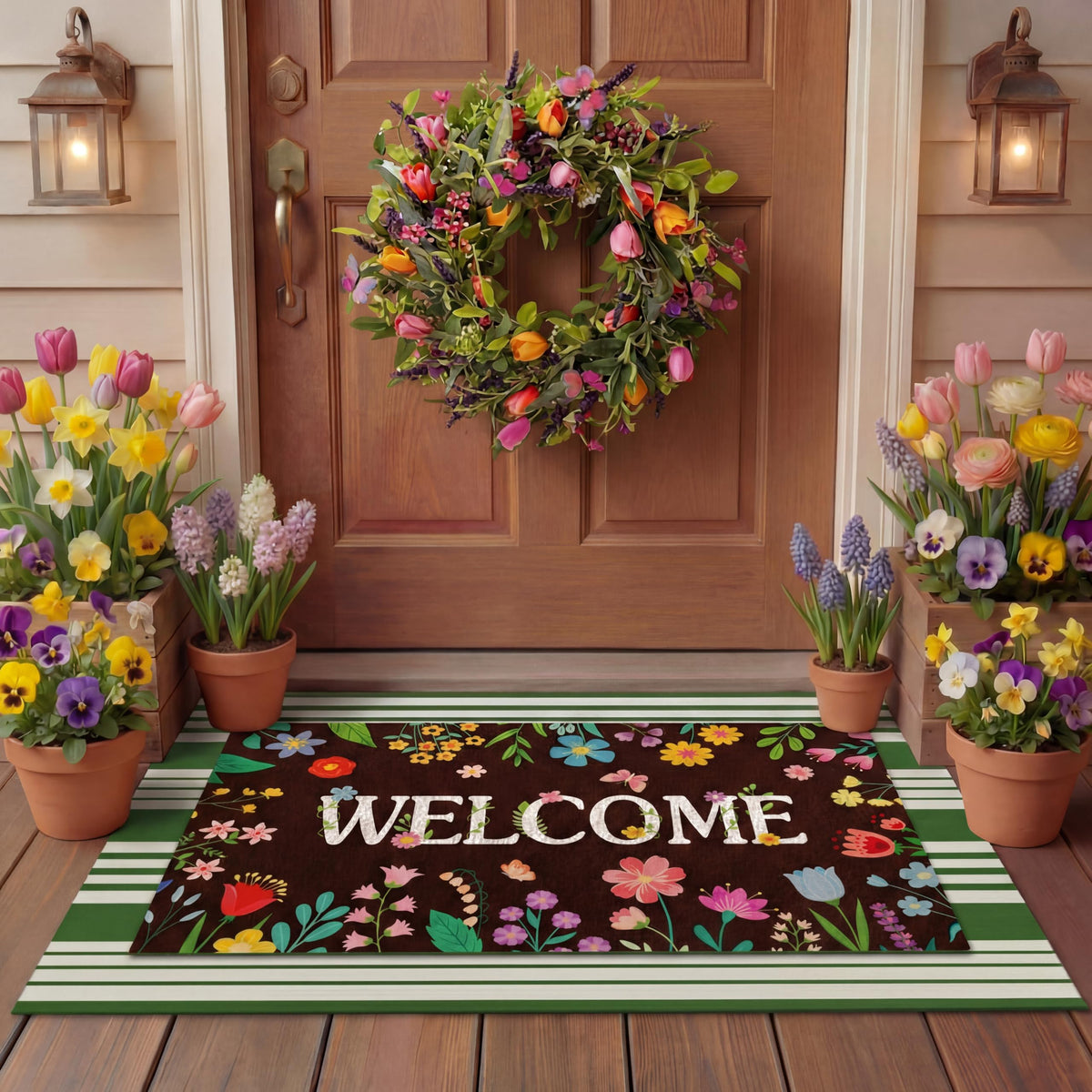 Tinideya welcome mat with black letters and colorful flowers boosts curb appeal