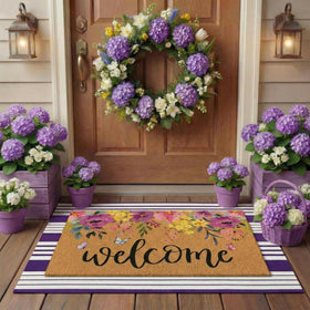 Tinideya welcome mat with butterflies and purple flowers adds warm curb appeal for guests.