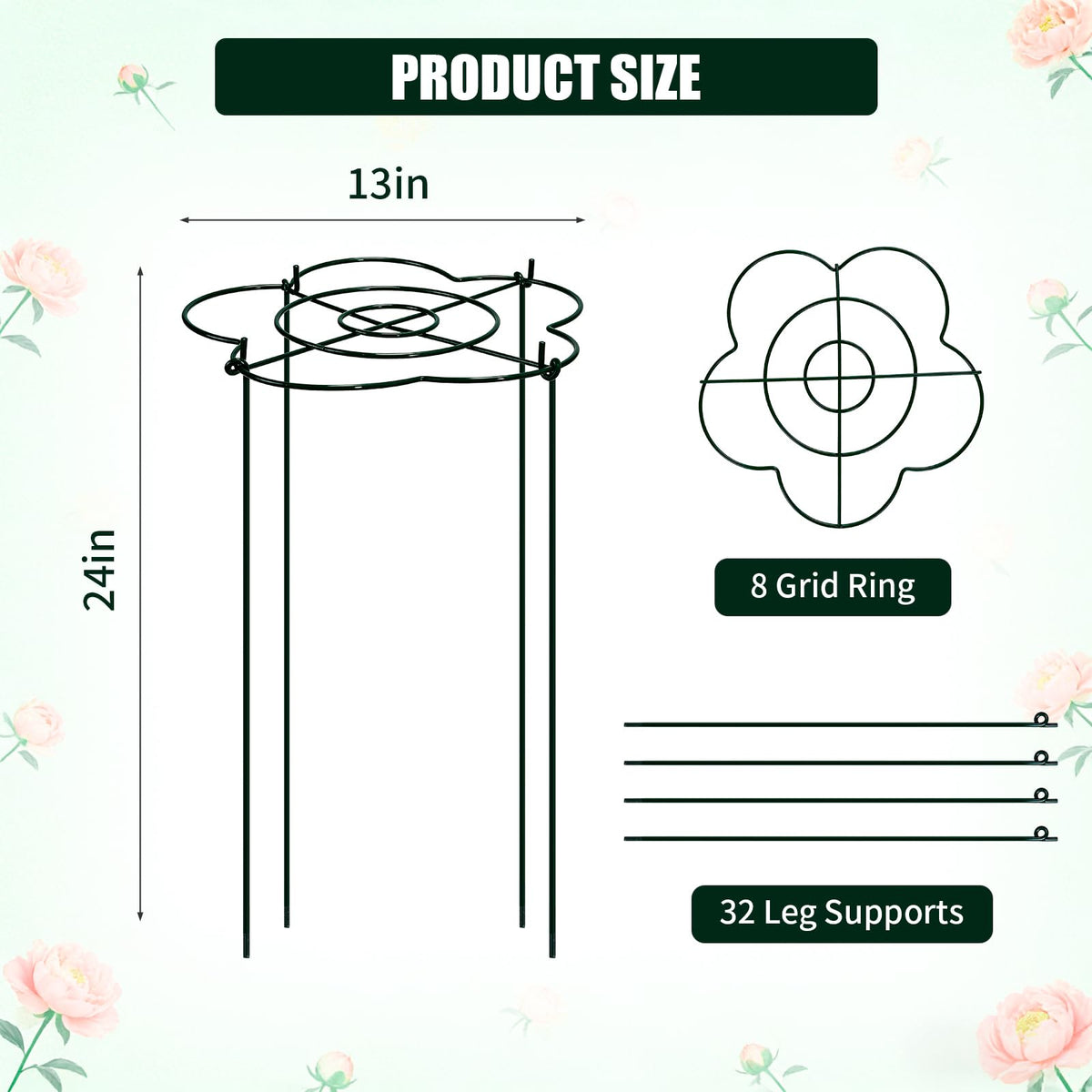 Tinrbip 13-inch diameter, 24-inch height supports tall plants and prevents flopping.