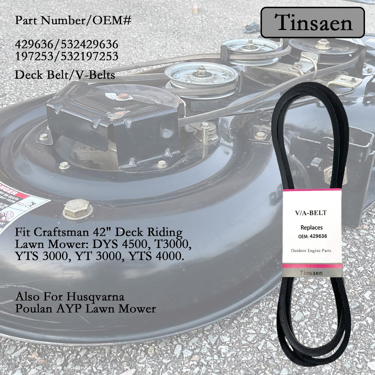 Tinsaen deck belt packaging highlights ready-to-install replacement for lawn tractors