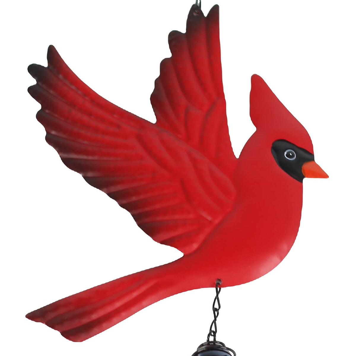 Tinsow Cardinal wind chime with black-painted hooks and chains protects hardware.