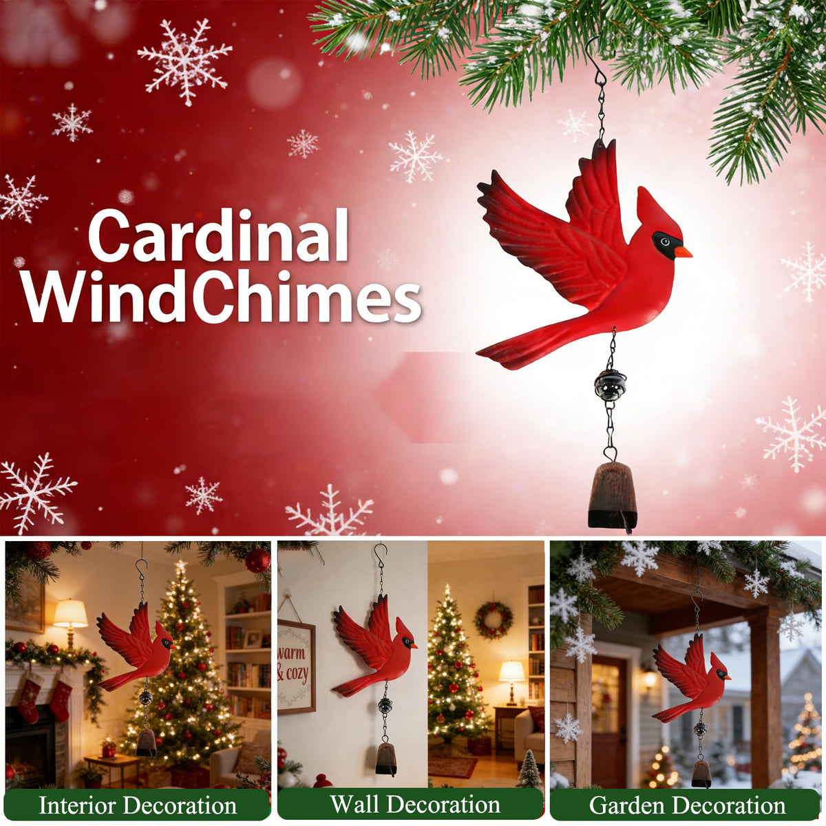 Tinsow Cardinal wind chime adds visual appeal to yard decor.
