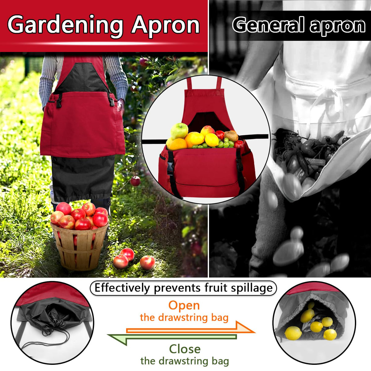 Tintsabo Gardening Apron extension bag keeps harvested produce secure with a drawstring.