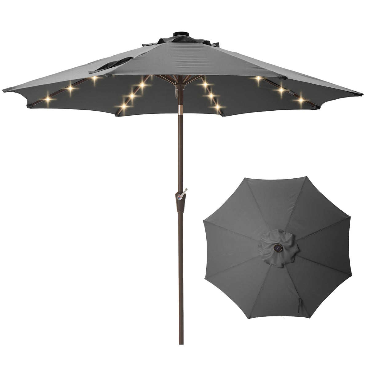 Tioline 9FT solar LED umbrella with grey fabric and ambient lighting for evenings