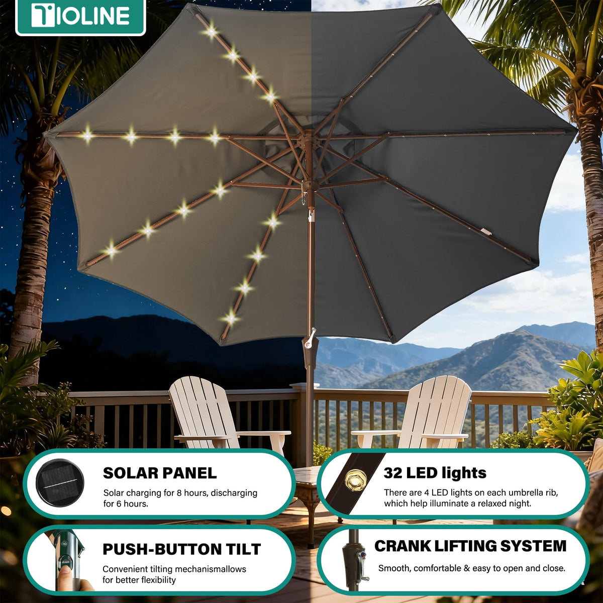 Tioline umbrella lights glow for cozy outdoor gatherings at dusk