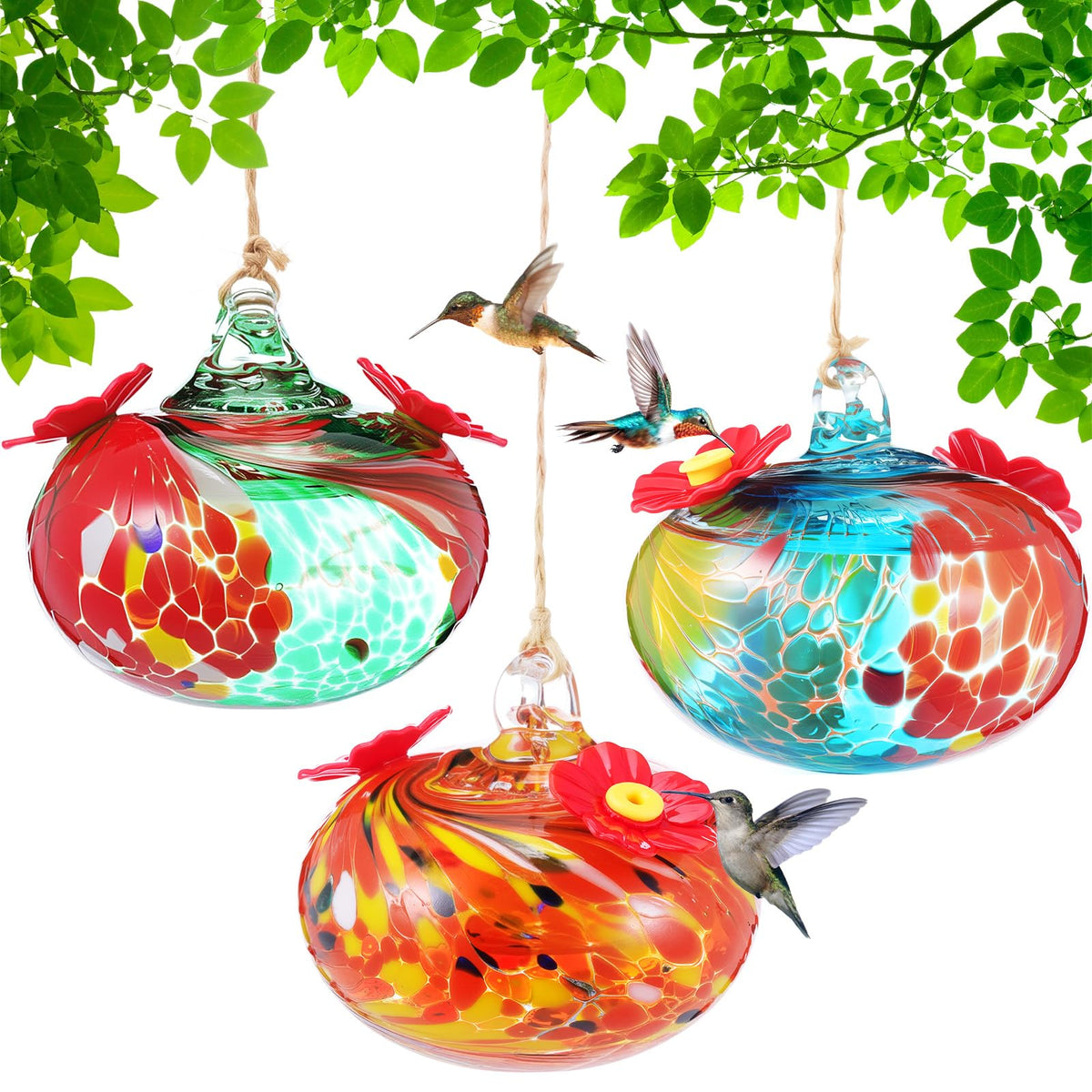 Tioncy 3-pack hand blown glass hummingbird feeder with flower ports attracts tiny birds