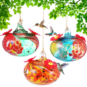 Tioncy 3-pack hand blown glass hummingbird feeder with flower ports attracts tiny birds