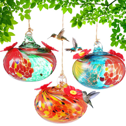 Tioncy 3-pack hand blown glass hummingbird feeder with flower ports attracts tiny birds