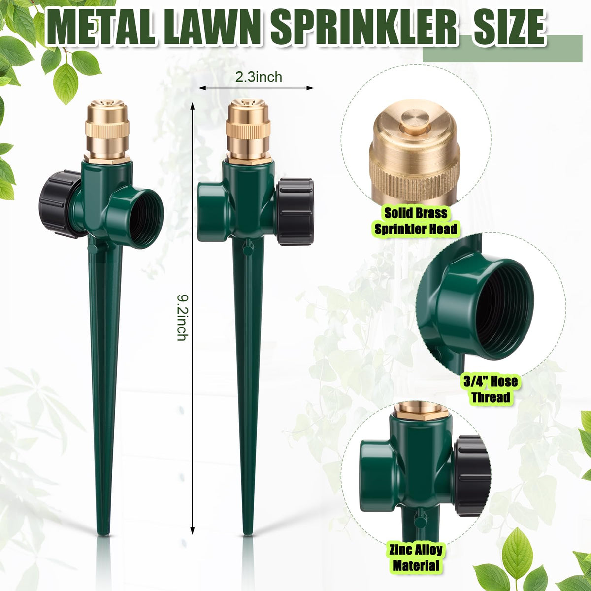 Tioncy brass-head sprinkler with adjustable nozzle for fan, cone, or jet spray.