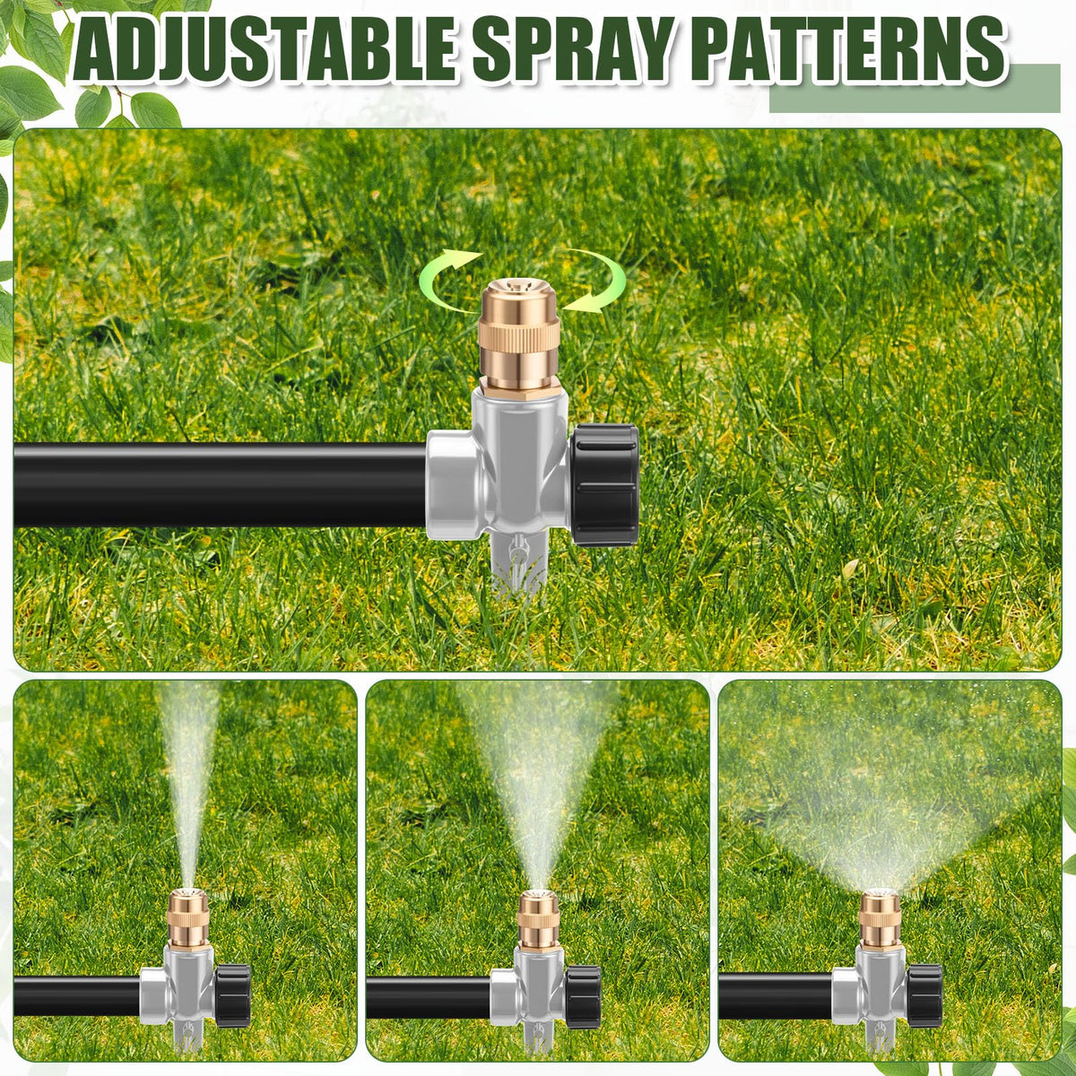 Tioncy adjustable brass-nozzle sprinkler switches spray patterns easily.