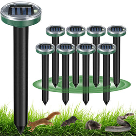 Tirgo 8-pack solar mole repellent stakes protect a lawn from burrowing pests.