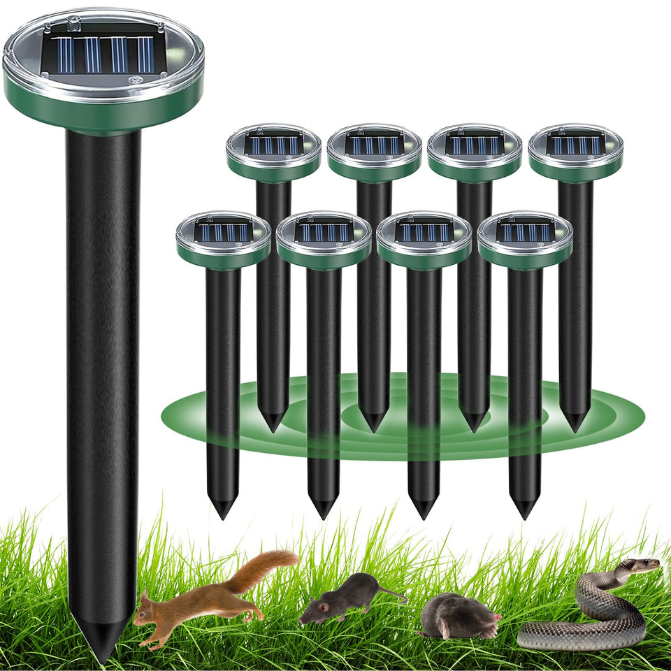 Tirgo 8-pack solar mole repellent stakes protect a lawn from burrowing pests.
