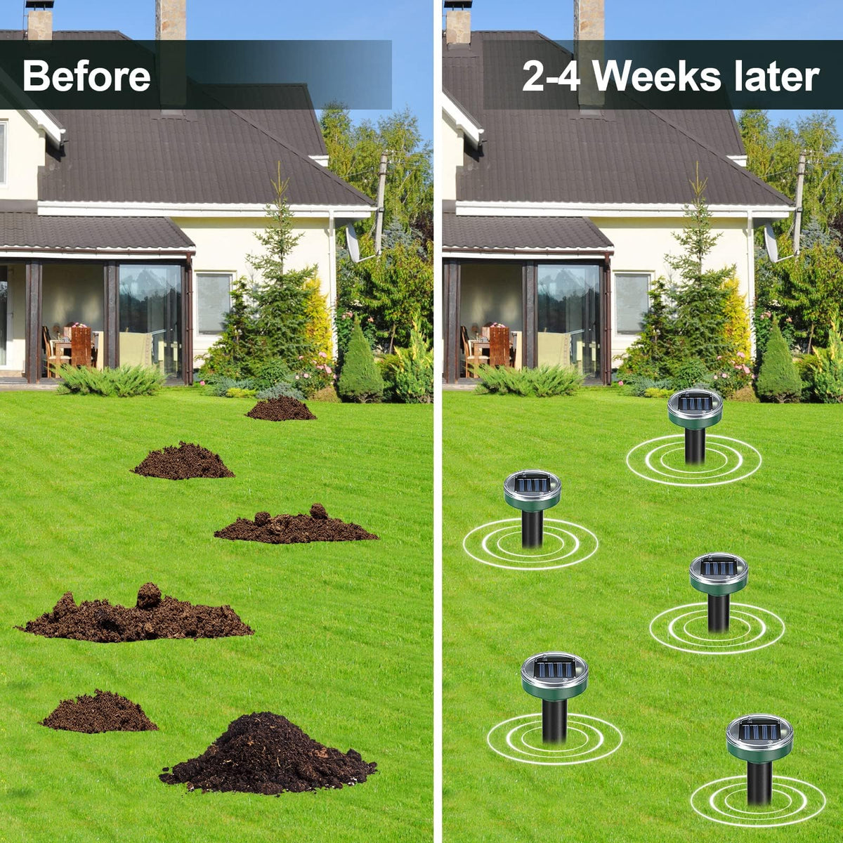 Tirgo easy-install stakes install in soil with direct sun for charging.