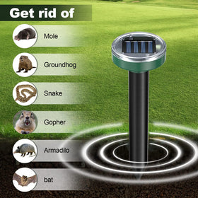 Tirgo solar-powered pest repeller in bright sun deters moles and gophers.